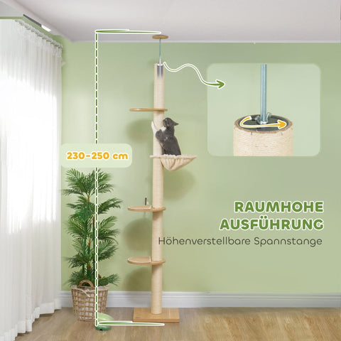 Rootz Floor-to-Ceiling Cat Tree - Cat Tower - Scratching Post - Adjustable Height - Wood Material - 40cm x 40cm x 230-250cm
