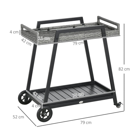 Rootz Grillwagen BBQ-Wagen Serving Trolley - Storage Trolley - Wheeled Storage Cart - Generous Two-Tier Design - Effortless Mobility - Stable and Secure - 79cm x 52cm x 82cm - Steel and PE Rattan