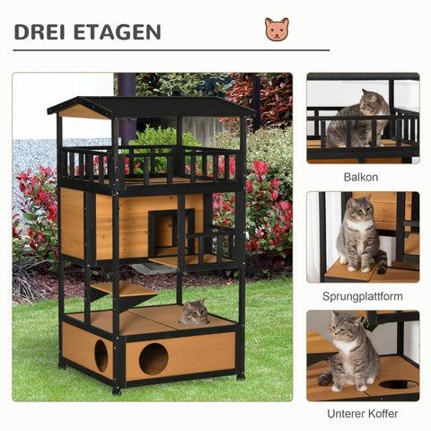 Rootz Outdoor Cat House - Weather Resistant Cat Shelter - Durable Multi-Level Cat Condo - 75.5cm x 75cm x 137cm - Fir Wood & Asphalt Roof - Yellow