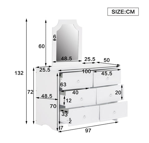 Rootz Mirror Cabinet Chest of Drawers - 6 Drawer Dresser - Bedroom Storage - Silent Gliders - 100×50×132 cm