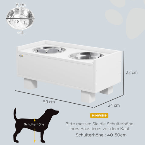 Rootz Elevated Dog Feeding Station - Pet Feeder - Dog Bowl Stand - Promotes Healthy Eating - 50cm x 24cm x 22cm - Storage & Slow Feeder Mat, White