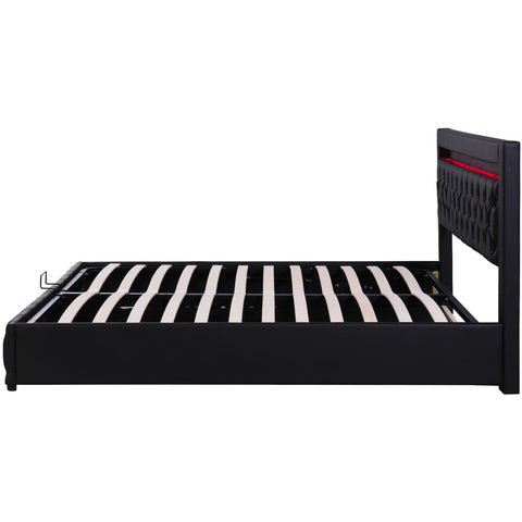 Rootz Upholstered Bed - Slatted Frame - Storage Bed - LED Lighting - 180 x 200 cm - Black - PU Cover for Modern Elegance