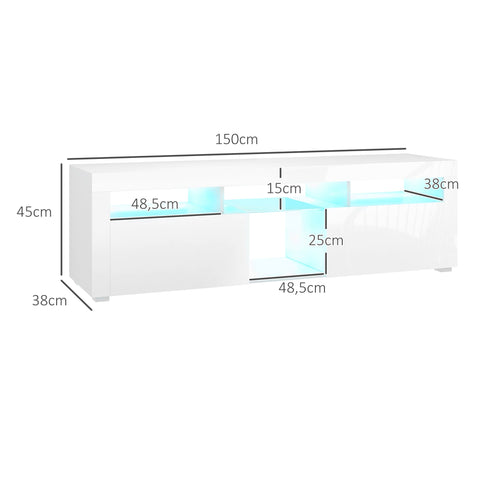 Rootz TV Cabinet - TV Stand - Up to 55 Inches - LED Lighting - Ample Storage - 150 x 38 x 45 cm - High Gloss White