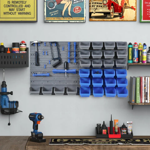 Rootz Tool Rack Organizer - Wall Mounted - Storage Bins - Panel Set with Shelf - Stacking Containers - Hook Screws - Blue - 54 x 22 x 95 cm
