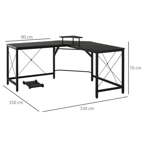 Rootz Corner Desk - Computer Desk - Industrial Design - 1 Screen Stand - Chipboard - Steel - Black - 150 cm x 150 cm x 76 cm