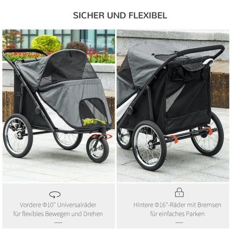 Rootz Folding Pop Up Dog Stroller - Pet Buggy - Dog Cart - Hinged Canopy - Large Rubber Tires - Integrated Dog Leash - 111cm x 70cm x 97.5cm - Oxford Polyester & Steel - Grey/Black