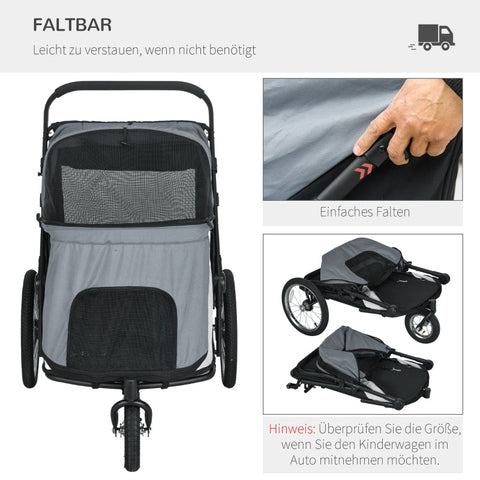 Rootz Folding Pop Up Dog Stroller - Pet Buggy - Dog Cart - Hinged Canopy - Large Rubber Tires - Integrated Dog Leash - 111cm x 70cm x 97.5cm - Oxford Polyester & Steel - Grey/Black