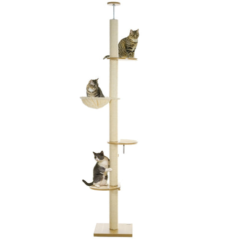 Rootz Floor-to-Ceiling Cat Tree - Cat Tower - Scratching Post - Adjustable Height - Wood Material - 40cm x 40cm x 230-250cm