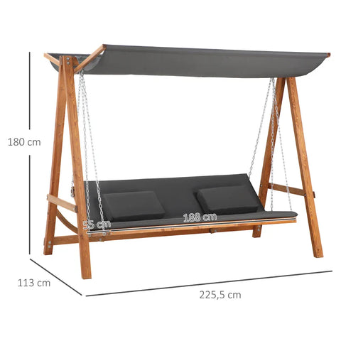 Rootz Hollywood Swing With Bed Function - 3-seater Garden Swing With Roof - Hollywood Lounger - Garden Lounger - Pine Wood - Polyester - Gray + Teak - 225.5 x 113 x 180 cm