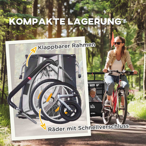 Rootz Children's Bicycle Trailer - Push Cart - Stroller - Foldable with Brakes - 142 x 75 x 101cm - Safe & Comfortable Journey for 2 Kids