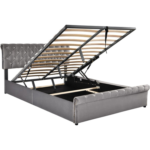 Rootz Upholstered Bed - Velvet Bed Frame - Height Adjustable Headboard - Hydraulic Storage - 223cm x 149cm x 91.5-96.5cm - Gray