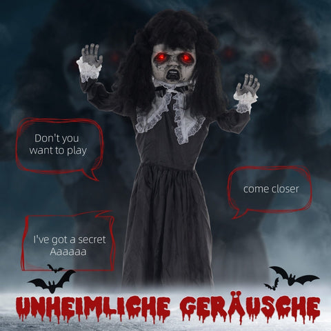 Rootz Animated Halloween Decoration - Spooky Lolita Girl - Bendable Arms - Glowing Red Eyes - Scary Voices - 65cm x 15cm x 160cm