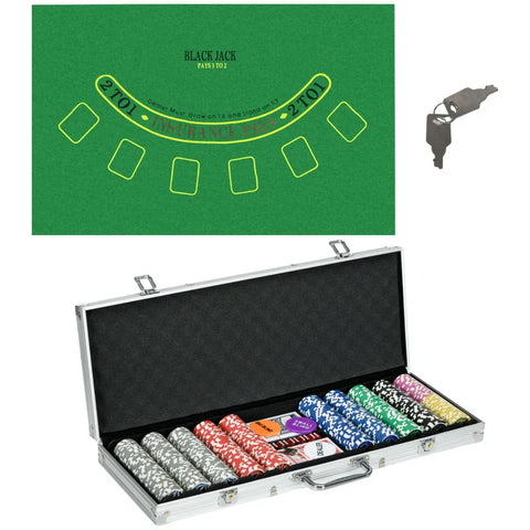 Rootz Casino Accessoires - Chips Poker Set - Chips Poker Chip Case - Inclusief mat - 500 Chips - Set voor 9-10 spelers - Zilver - 56L x 23,5W x 6,5H cm