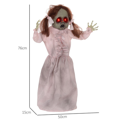 Rootz Animated Halloween Decoration - Spooky Girl Prop - Motion Activated - Glowing Red Eyes - Creepy Talking Voice - 50cm x 15cm x 76cm