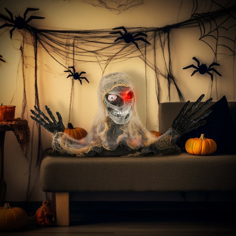Rootz Animated Halloween Decoration - One-eyed Mummy - Flex Arms - Touch/Loud Noise Activation - Rotating Head - Eerie Glow - 55cm x 18cm x 35cm