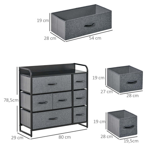 Rootz Chest of Drawers - 7 Storage Furniture - Fabric Drawers - Foldable - Black Steel Frame - 80L x 29W x 78.5H cm