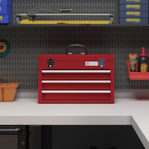 Rootz Tool Box - Steel Tool Case - Portable Tool Organizer - 3 Drawers - Top Storage Compartment - Secure Lock - 51cm x 22cm x 32cm