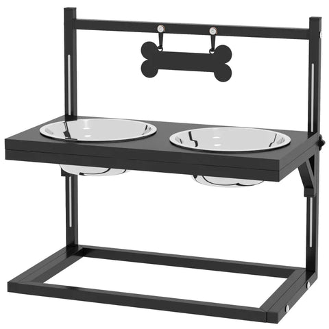 Rootz Feeding Station - Raised Feeding Bowls - Stainless Steel - Feeding Bowls - Steel Pipes - Black + Silver - 40.5 x 22 x 39 cm