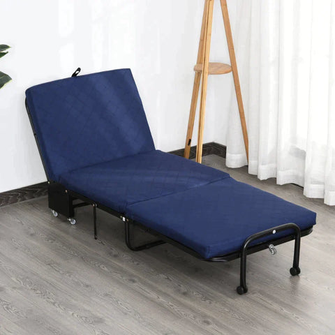 Rootz Klappbares Gästebett – 2-in-1-Klappbett mit Rollen – verstellbare Kopfteilhöhe – Stahl + Schaumstoff – Blau – 184 x 65 x 26 cm