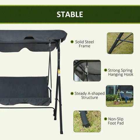 Rootz Garden Swing - Hollywood Swing - Hammock Swing - Swing Bench - 3-seater With Roof - Steel - Gray + Black - 172 x 110 x 153 cm