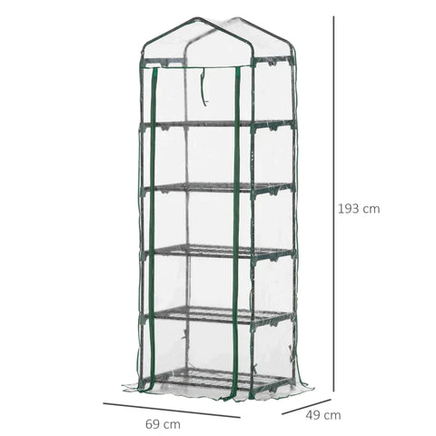 Rootz Foil Greenhouse - Mini Greenhouse With 5 Shelves For Growing Flowers Or Vegetables - Steel - Plastic - Transparent + Green - 69 x 49 x 193 cm