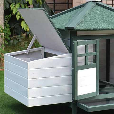 Rootz Bantam Chicken House - Bantam Chicken House with Run Hutch - Perches Nesting Box - Quail Hutch - Outdoor Winterized - Pinewood - White + Green - 196 x 76 x 97 cm