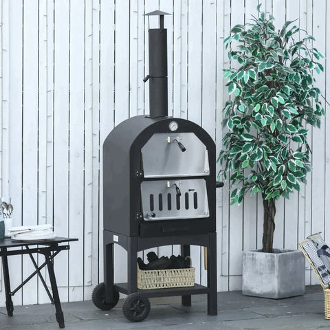 Rootz 2-in-1 Outdoor Pizza Oven With Rollers - Grill Oven With Protective Cover - Pizza Shovel - 2 Grill Nets - Grill Trolley With Chimney - 3-tier Wood-burning Oven For BBQ -  Steel - Black + Silver - 63 x 54 x 161 cm