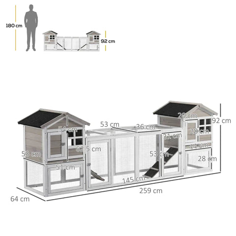 Rootz 2 in 1 Wooden Rabbit Hutch - Double Main House Guinea Pig Cage - Bunny Run - Small Animal House with Run Box - Slide-out Tray - Ramp - Grey - 259 x 64 x 92cm