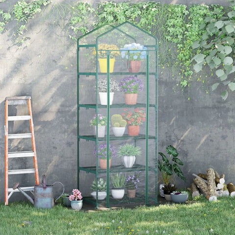 Rootz Foil Greenhouse - Mini Greenhouse With 5 Shelves For Growing Flowers Or Vegetables - Steel - Plastic - Transparent + Green - 69 x 49 x 193 cm