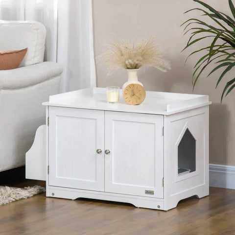 Rootz Katzentoilette – Katzenhaus – mit Trennwand, magnetischer Tür – Seitenregal – MDF – Weiß – 86 x 48 x 52 cm