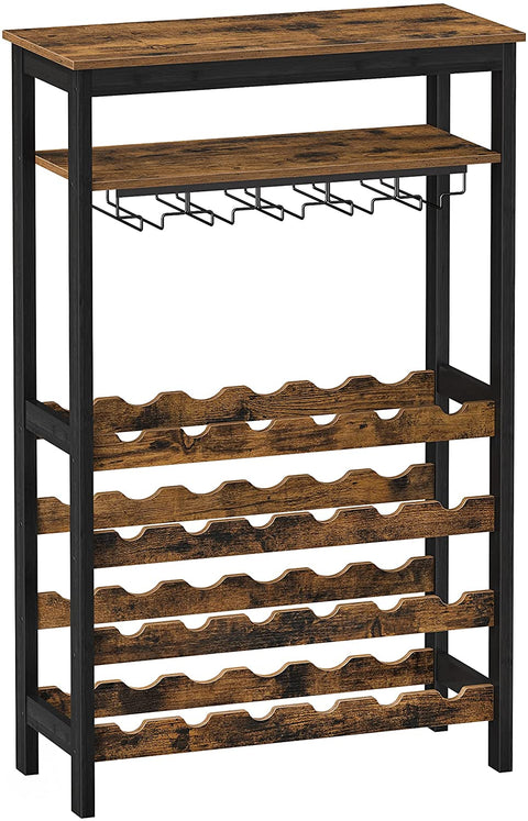 Rootz Wijnrek met Glashouders - Wijnhouder - Flessenrek - Staand - Industrieel - Bruin en Zwart - 66 x 30 x 100 cm