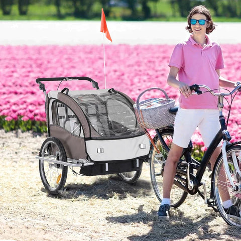 Rootz Kinderaanhanger - Kinder Fietskar - Voor 2 Kinderen - Met Vlag Regenbescherming Ademend - Crème/Koffie - 155 x 88 x 108 cm
