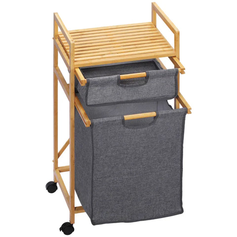 Rootz Laundry Basket - 1 Drawer - 1 Detachable Laundry Basket - 4 Wheels - Bamboo - Natural + Grey - 42cm x 35cm x 84.5cm