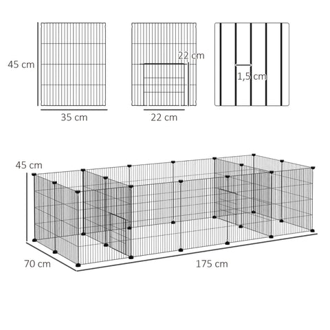 Rootz Small Animal Cages - Small Animal Run - Small Animal Enclosure - Modular Cage - Mesh Sheet - Plastic Connectors - Cable Tie - Black - 175cm x 70cm x 45cm