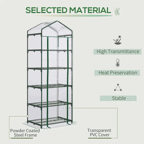 Rootz Foil Greenhouse - Mini Greenhouse With 5 Shelves For Growing Flowers Or Vegetables - Steel - Plastic - Transparent + Green - 69 x 49 x 193 cm