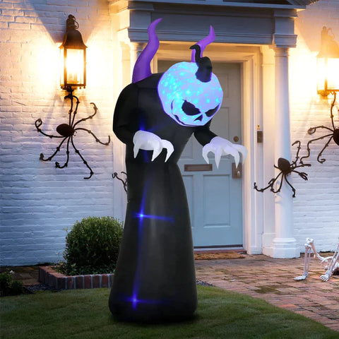 Rootz Halloween Decoration - Ghost With Pumpkin Head Halloween Decoration - Inflatable With Blue Flame Effect - Black - 88 x 79 x 210cm