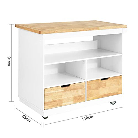 Rootz Kitchen Cabinet Cupboard Sideboard Kitchen Island Kitchen Storage Trolley with Rubber Wood Worktop
