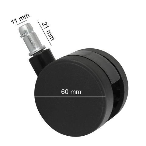Rootz Office Chair Castors - Set of 5 Black - 11mm Pin - 60mm Diameter - Soft Floor Swivel Chair Castors