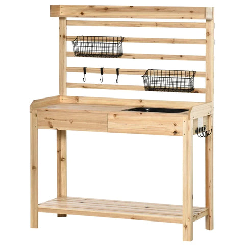 Rootz Planting Table - Gardening Table with Wash Basin - Wooden Flower Table with Drawer - Hook - Basket - Shelf - Garden - Terrace - Natural - 107.5 x 46 x 142 cm