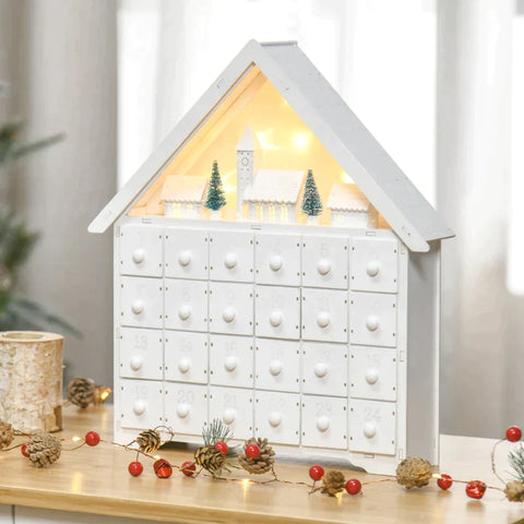 Rootz Kerst Adventskalender - Kerstkalender Met LED Verlichting - Met 24 Draw Boxes - 2-in-1 Design Kerstdecoratie - Wit - 39 x 9 x 42 cm