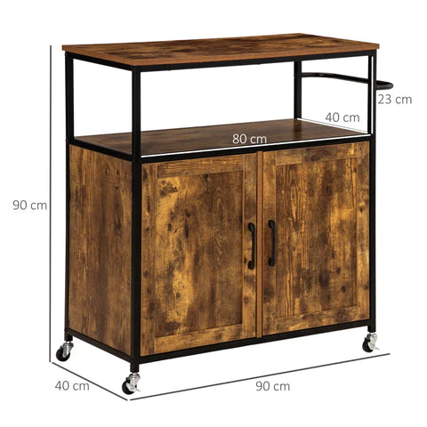 Rootz Kitchen Trolley - Industrial Design - 1 Shelf - 1 Cupboard - 4 Wheels - Black + Brown - 90 cm x 40 cm x 90 cm