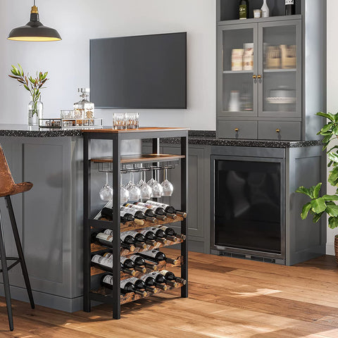 Rootz Wijnrek met Glashouders - Wijnhouder - Flessenrek - Staand - Industrieel - Bruin en Zwart - 66 x 30 x 100 cm