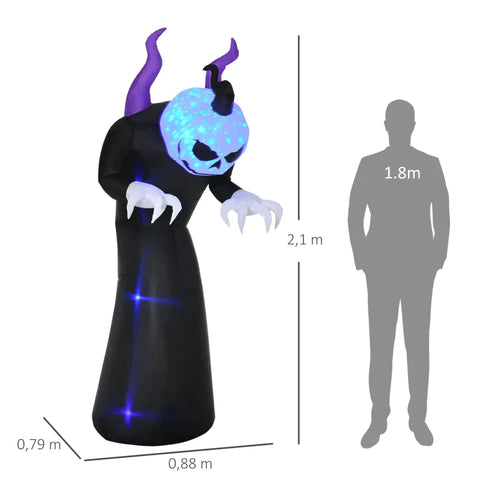 Rootz Halloween Decoration - Ghost With Pumpkin Head Halloween Decoration - Inflatable With Blue Flame Effect - Black - 88 x 79 x 210cm