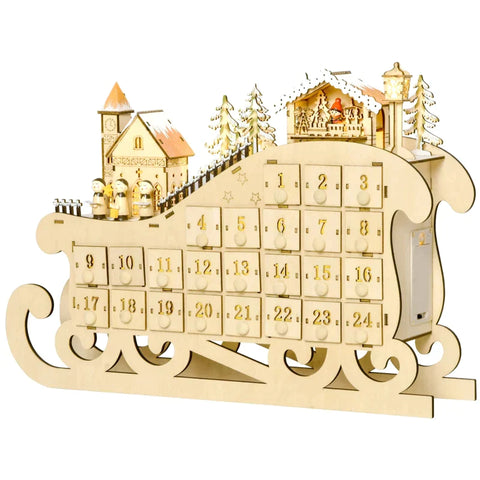 Rootz Kerstadventskalender - Kerstkalender met LED-verlichting - Met 24 ladevakken - Kerstdecoratie - DIY Multiplex Board - Natuurlijk Hout - 45 x 10 x 31 cm