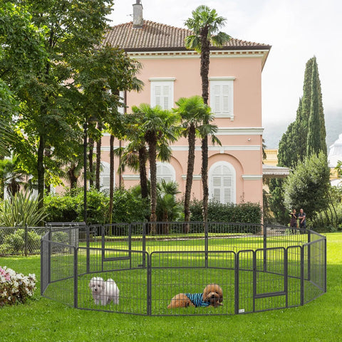 Rootz Dog gates - Pet Enclosure - Puppy Run - 2 Lockable Doors - Puppy Gate - Rectangle+Square - 12 Panels - Outdoor & Indoor - Steel - Black - 80W x 60H cm