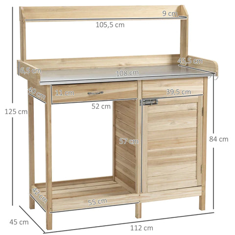 Rootz Pot Bench Table - Planting Table - Gardening Table - With Drawer - Garden Worktable - 112 x 45 x 125 cm