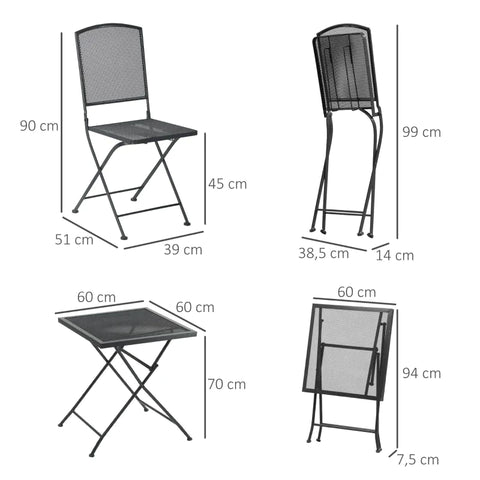 Rootz Bistro Set - Garden Seating - Garden Group Seating - Group Seating - 1 Foldable Table + 2 Foldable Chairs - Metal - Grey