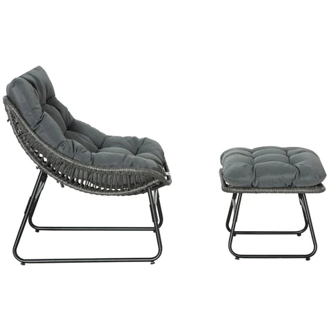 Rootz Rattan Relax Chair with Footstool - Garden Chair - Outdoor Rattan Chair with Cushion - Steel - Polyester - Grey - 69 x 76 x 70 cm