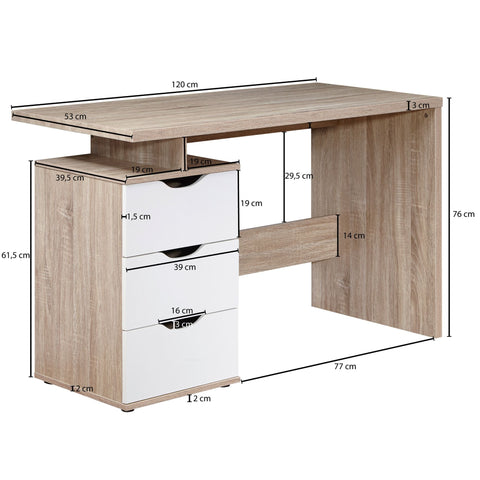 Rootz Computertisch mit 3 Schubladen – modernes Sonoma-Weiß – platzsparender Laptop-Tisch mit Ablage – ideal für Teenager – 120 x 76 x 53 cm – 