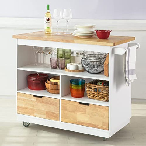 Rootz Kitchen Cabinet Cupboard Sideboard Kitchen Island Kitchen Storage Trolley with Rubber Wood Worktop